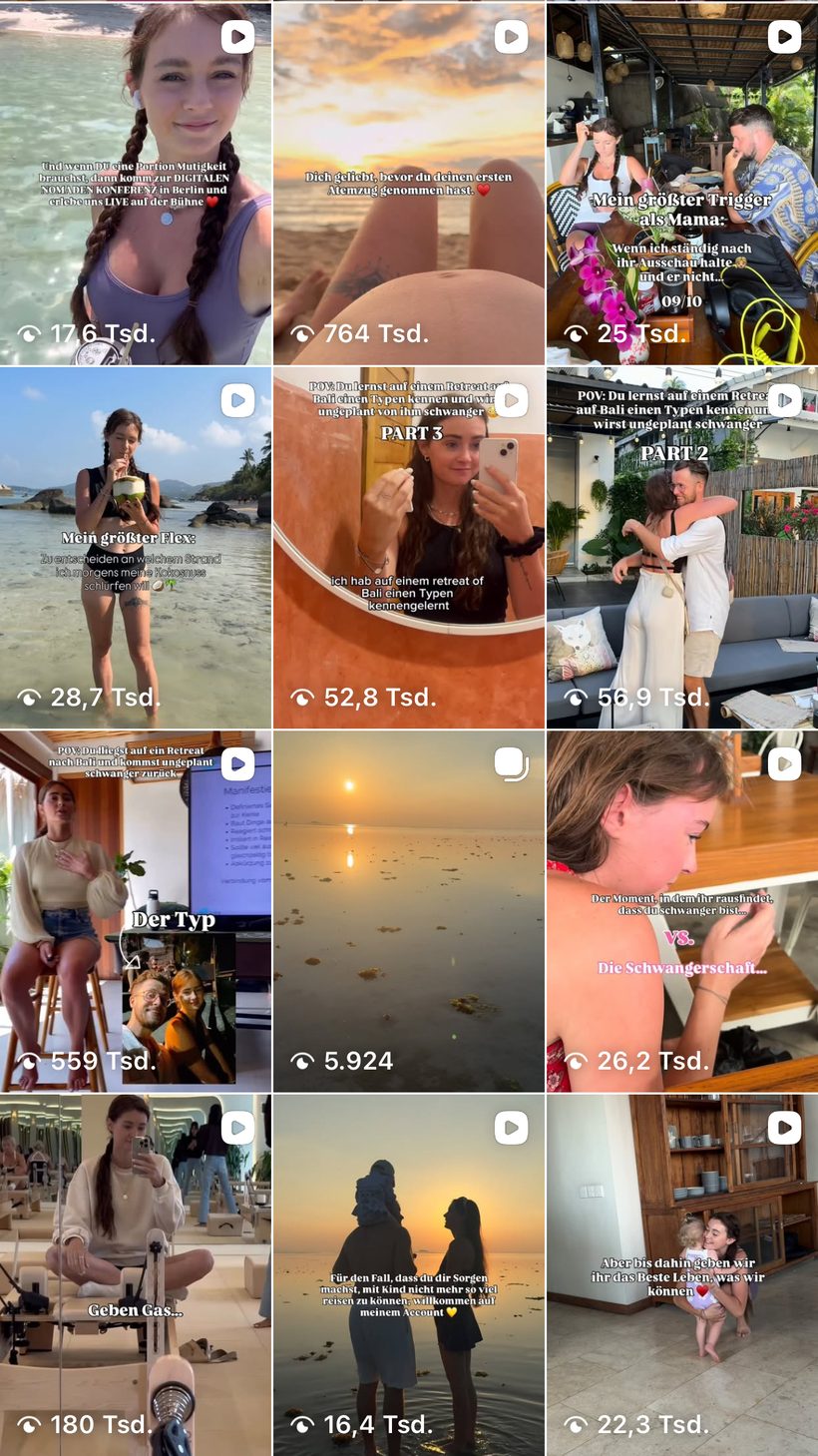 Franzis Instagram-Feed: jeder Reel mit sechs- bis siebenstelligen Aufrufzahlen wie 764.000 und 559.000